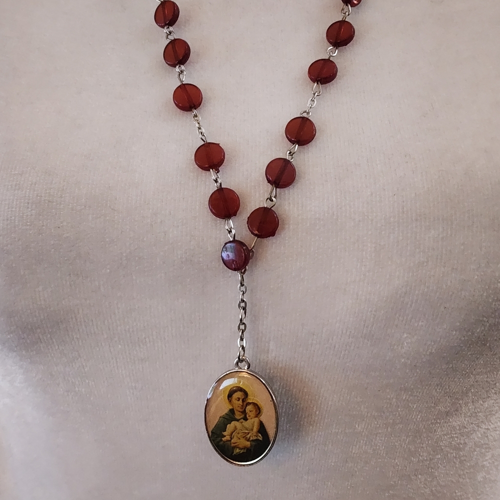 Silver Toned Rosary With Red Acrylic Beads With Saint Anthony Oval Pendant